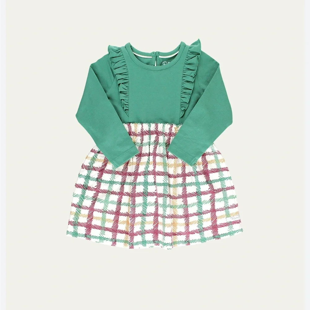 RUFFLEBUTTS baby Girl's Spruce & Tinsel Plaid Dress - Picture 1 of 7